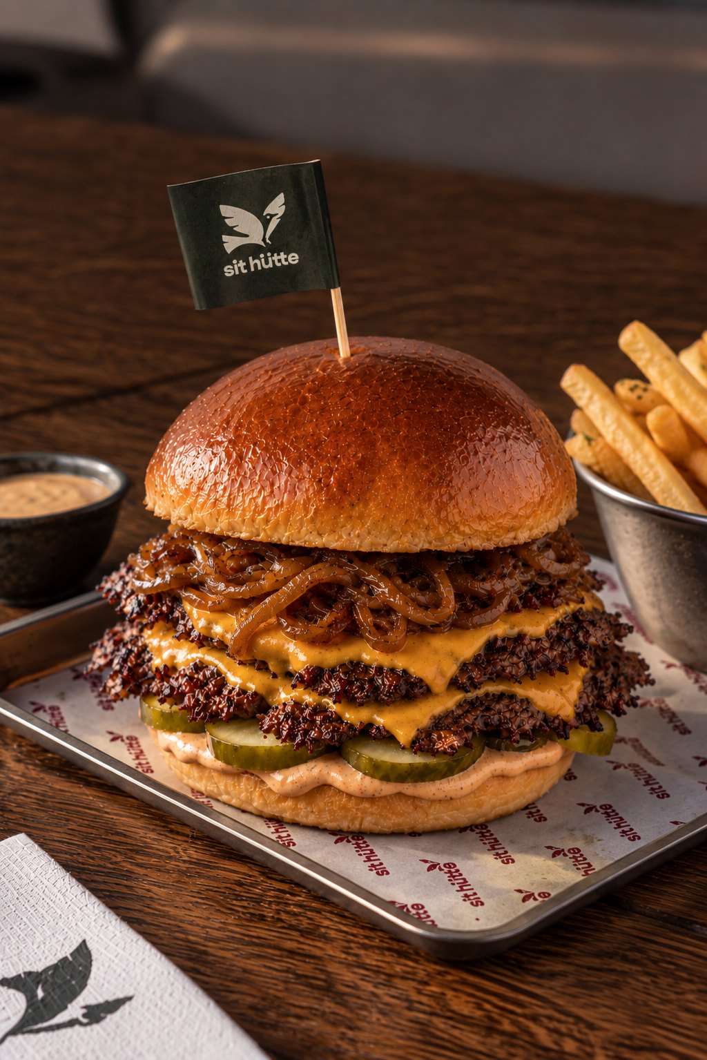 Doppelter Smash Burger mit Cheddar, Röstzwiebeln und Pickles