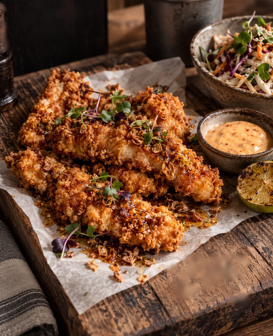 Knusprige Poulet-Streifen mit Dip und Coleslaw
