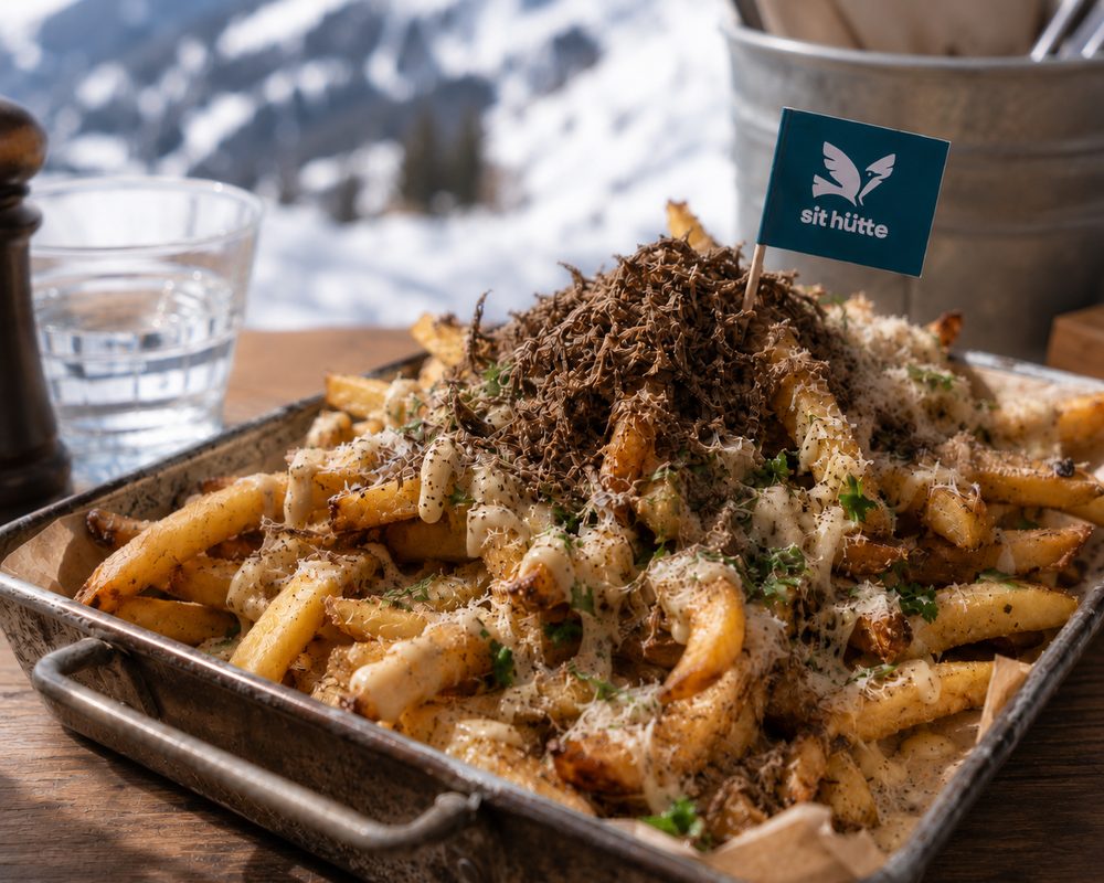Pommes mit frischem Trüffel, Parmesan und Trüffelmayo auf der Terrasse, dahinter die verschneiten Berge