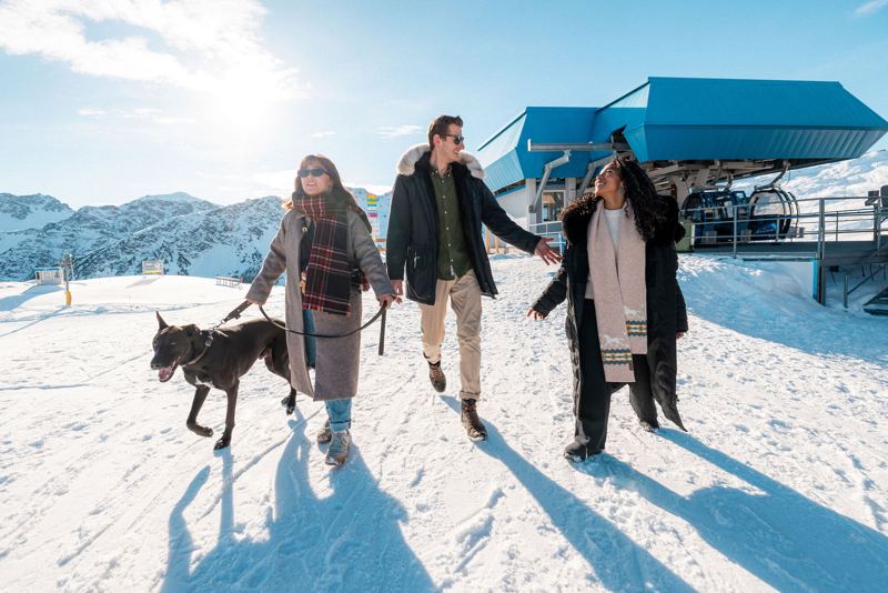 Freunde mit Hund auf dem Weg durch den Schnee